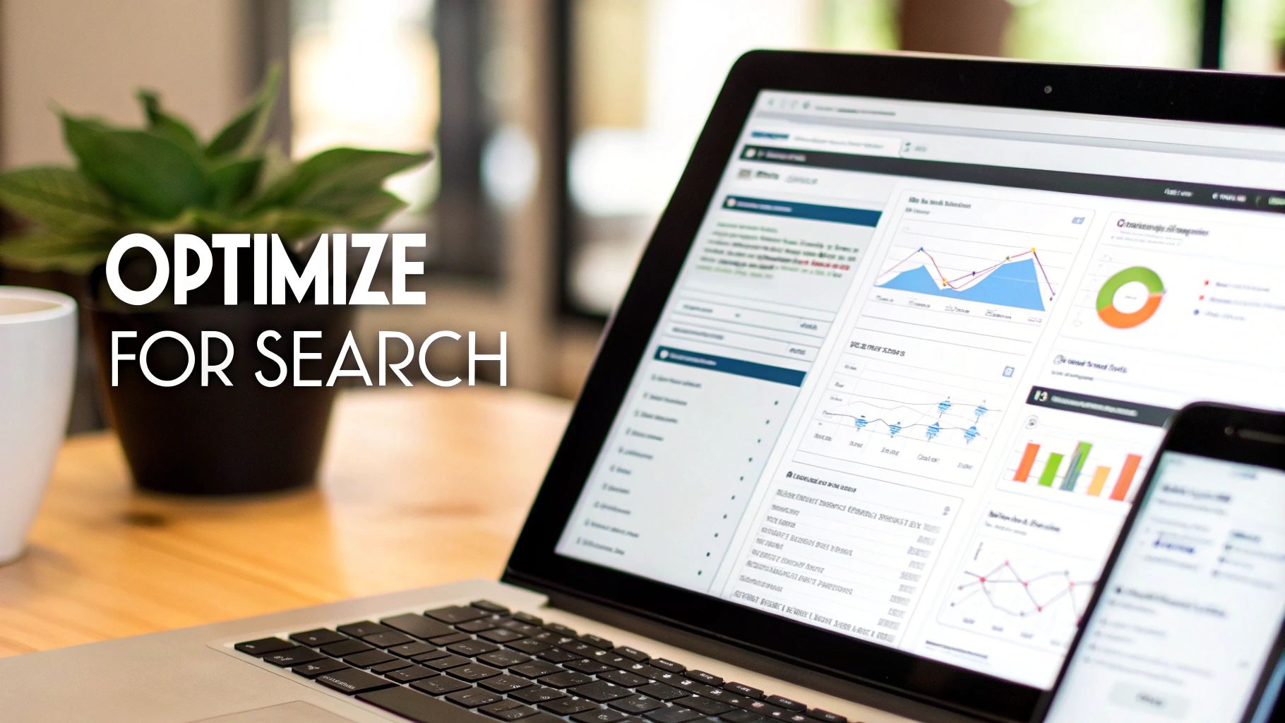 A laptop screen displaying data analytics graphs and charts with the text 'OPTIMIZE FOR SEARCH' in white.