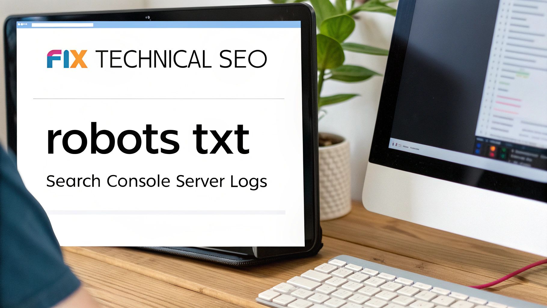 A laptop screen displaying 'FIX TECHNICAL SEO' and 'robots txt' with 'Search Console Server Logs' text, next to a second monitor and a keyboard.