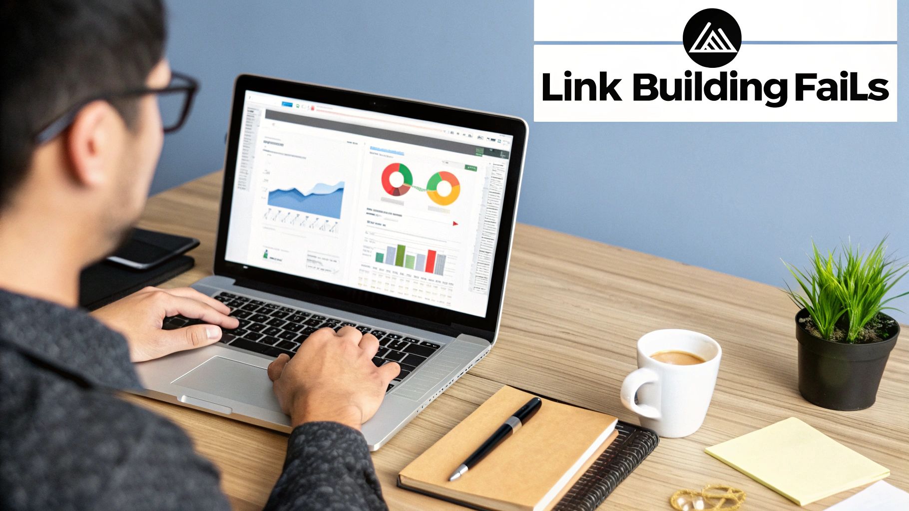 A person working on a laptop displaying data analytics, with a "Link Building FaiLs" banner on a wooden desk.