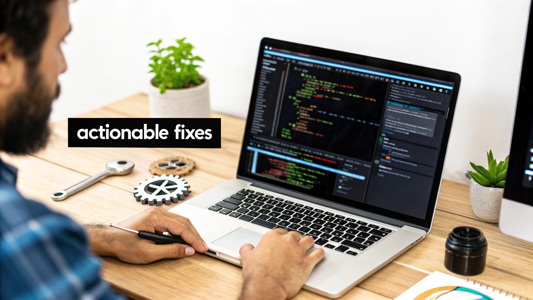 A developer working on a laptop displaying code with tools on the desk, focusing on actionable fixes.