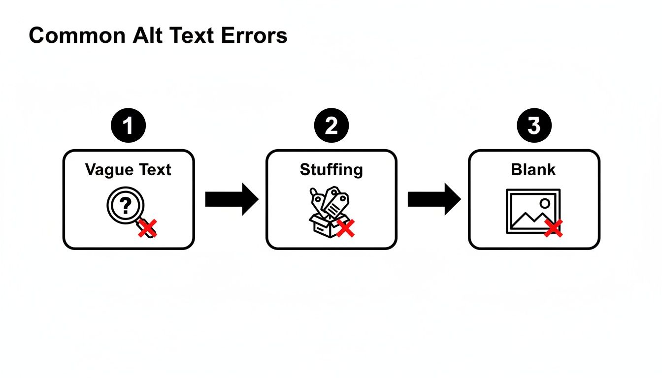 Flowchart illustrating common alt text errors: vague text, keyword stuffing, and blank alt text.