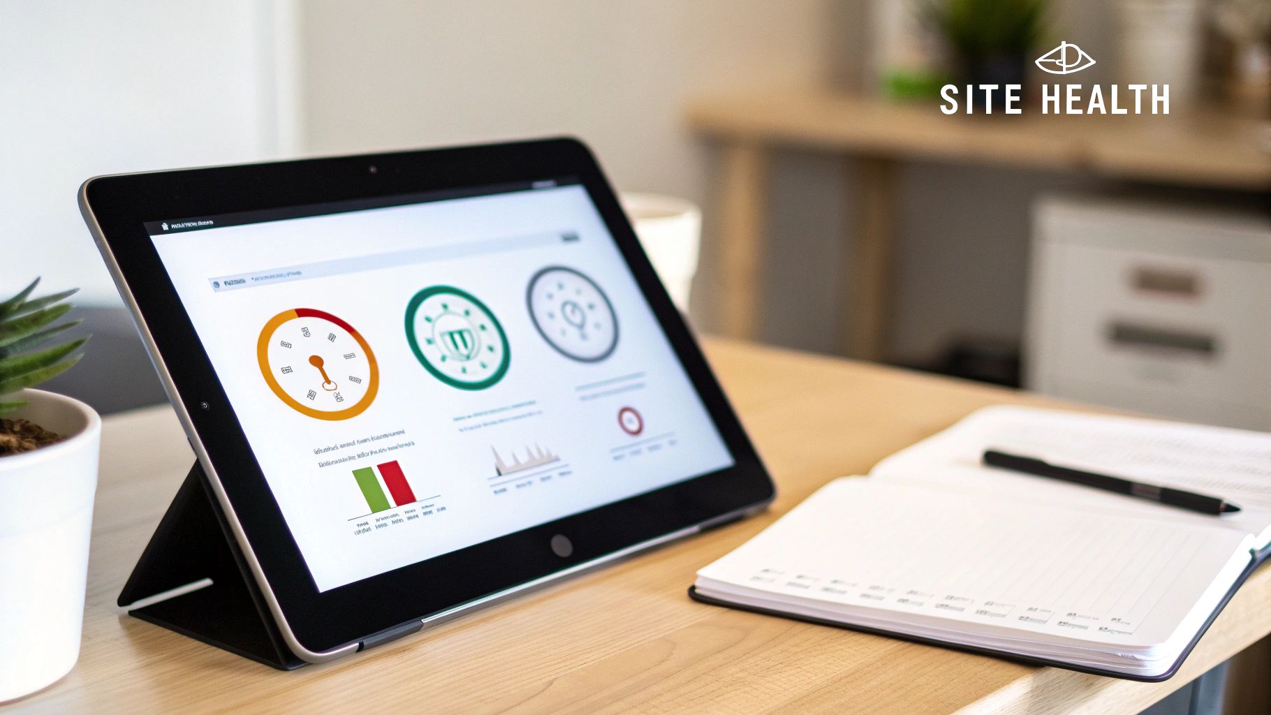 A tablet displays site health analytics on a wooden desk next to a notebook and plant.