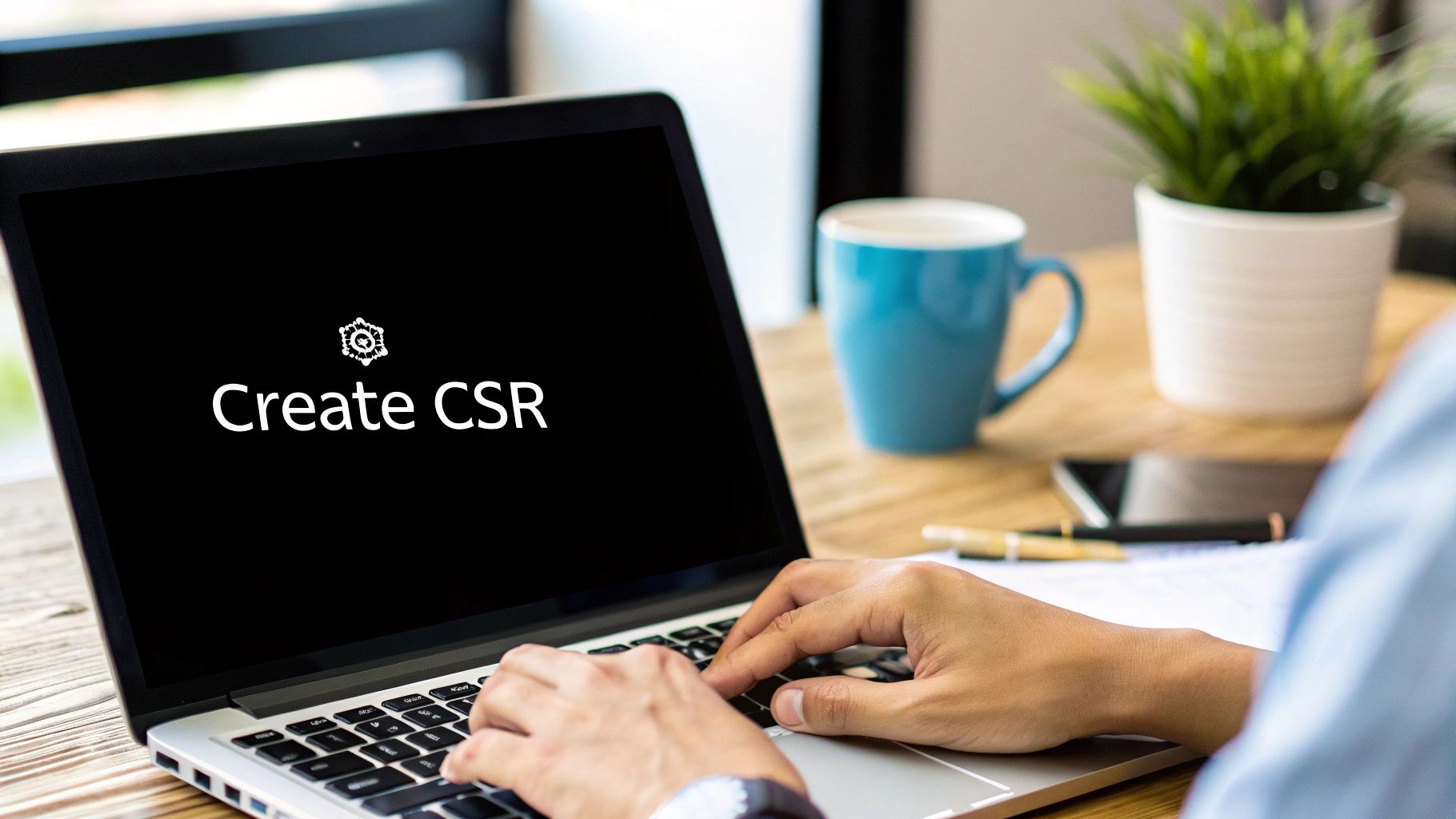 A diagram showing the process of generating a CSR, with icons for a server, a key, and a document.