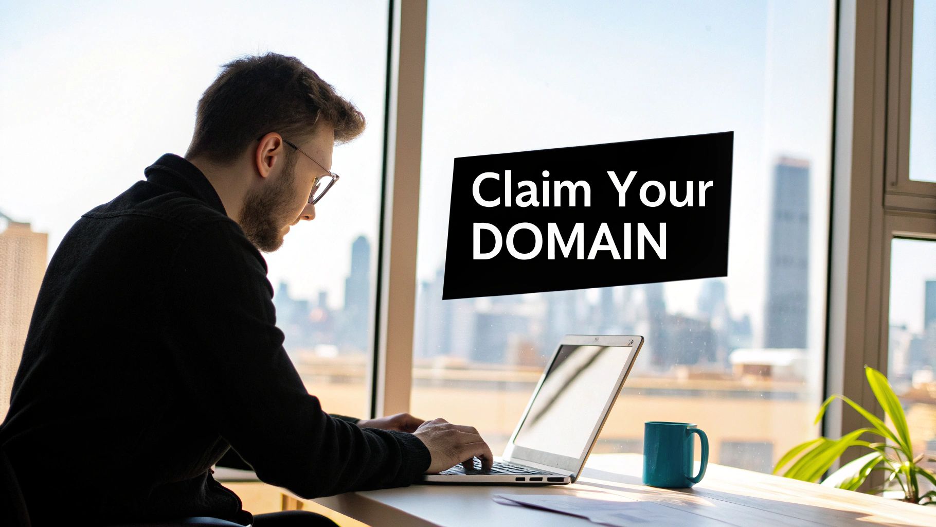 Man in glasses working on a laptop with a 'Claim Your DOMAIN' banner on a window overlooking a city.