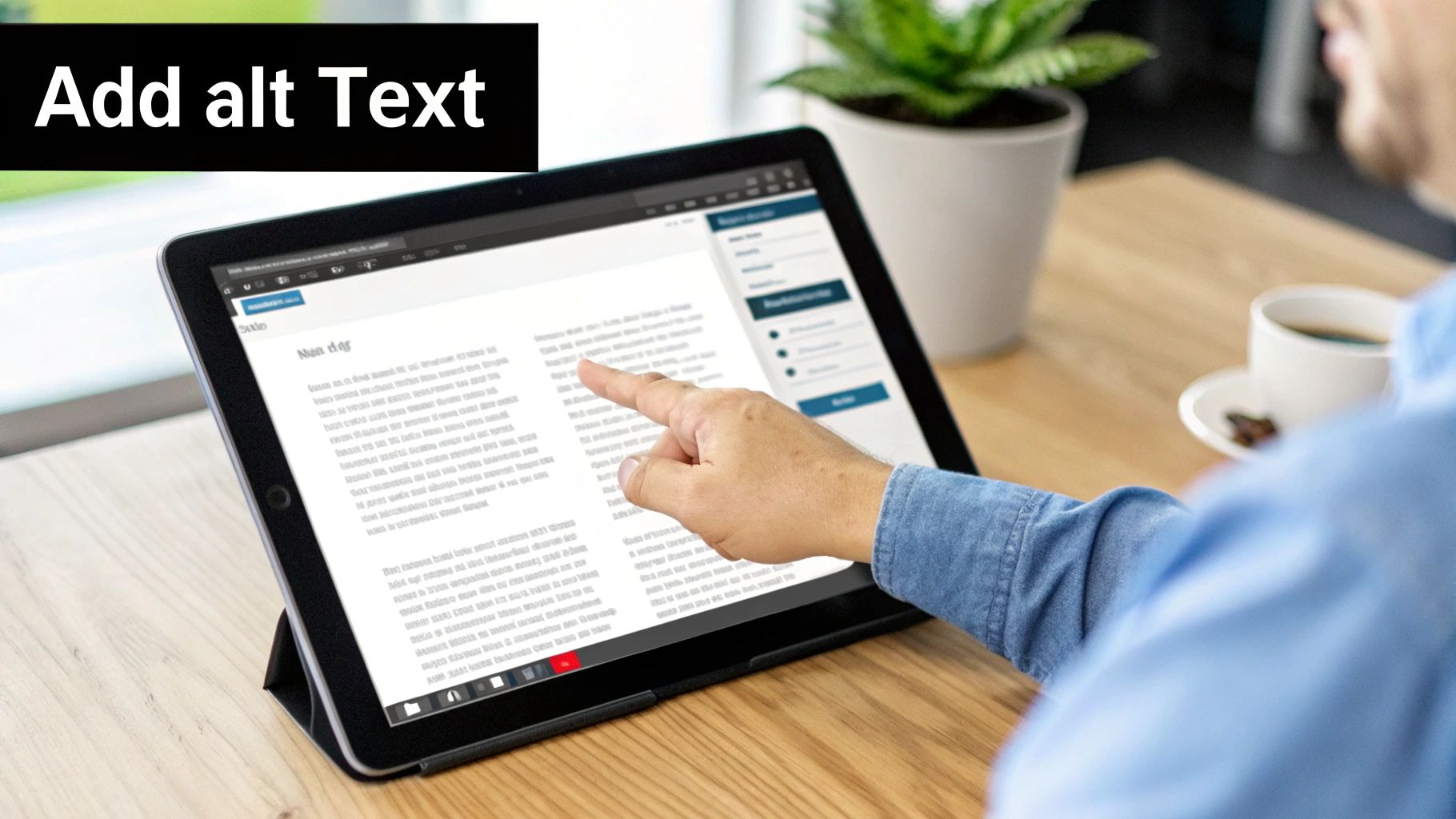 A person's hand points to a tablet displaying a document, with a banner reading 'Add alt Text'.