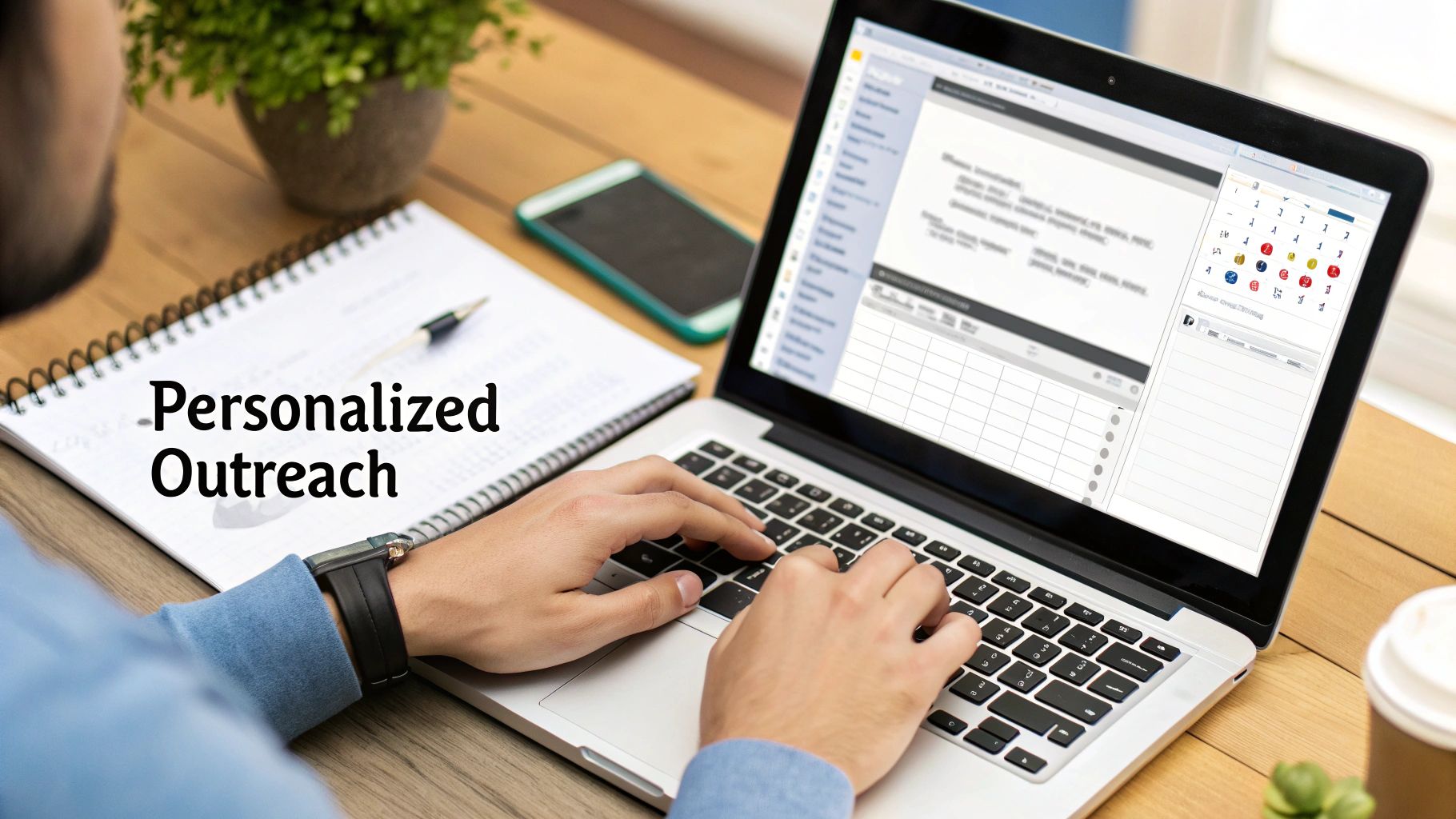 Person typing on laptop working on personalized outreach email campaign with notebook and phone nearby