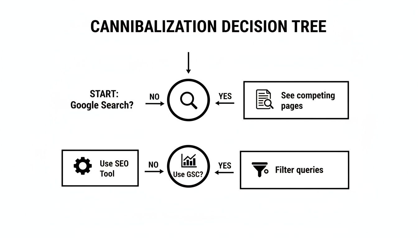 A decision tree flowchart for SEO cannibalization, showing steps involving Google Search, SEO tools, and Google Search Console.