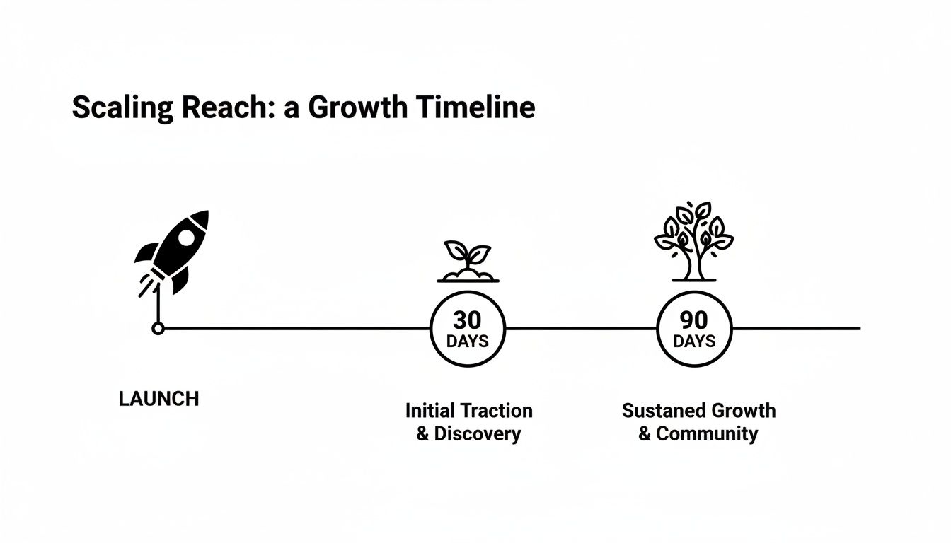 A growth timeline illustrating three stages: Launch with a rocket, 30 days for initial traction, and 90 days for sustained growth.