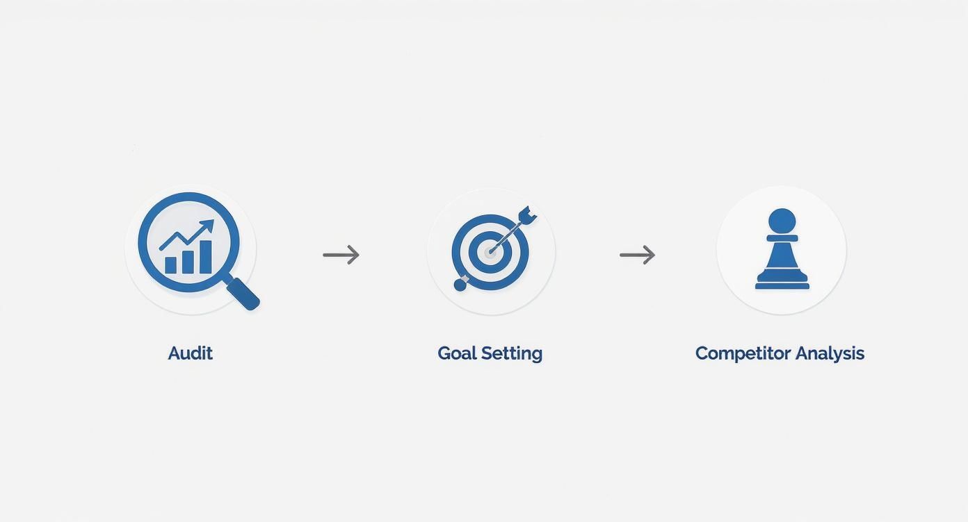 Three-step strategic process showing audit with analytics, goal setting with target, and competitor analysis with chess piece