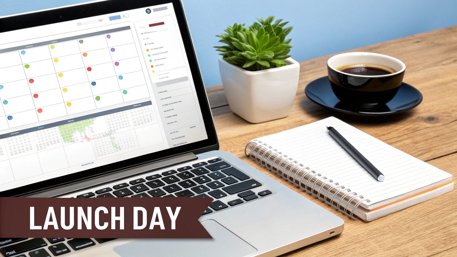 A laptop showing a calendar app, a plant, coffee, and a notebook on a desk with 'LAUNCH DAY' text.