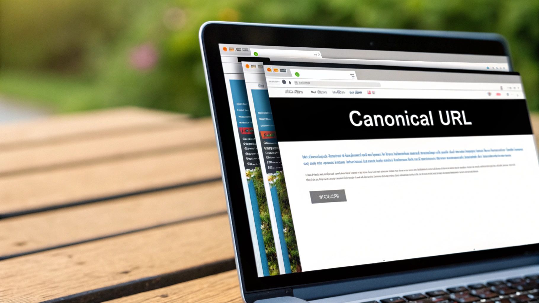 A person pointing to a large, clear signpost that says 'Canonical URL', with other smaller, faded signs in the background representing duplicate content.