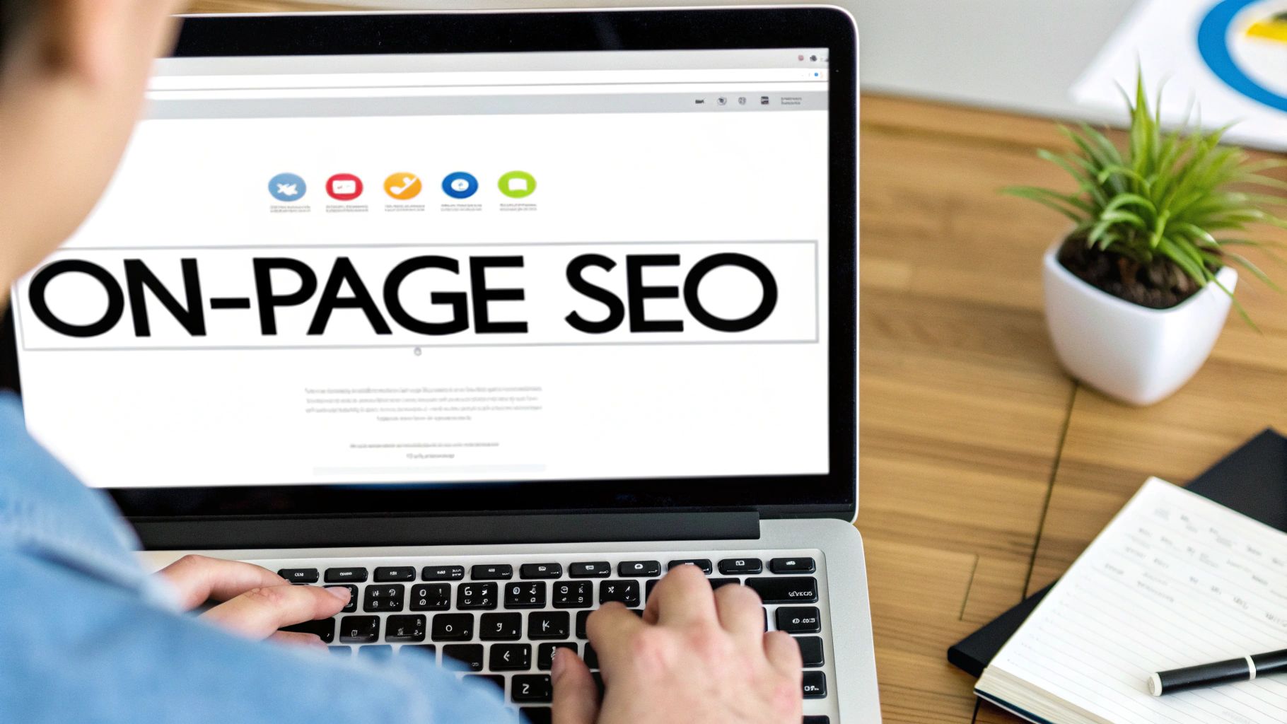 Close-up of a person typing on a laptop, working on an 'ON-PAGE SEO' strategy with a plant and notebook nearby.