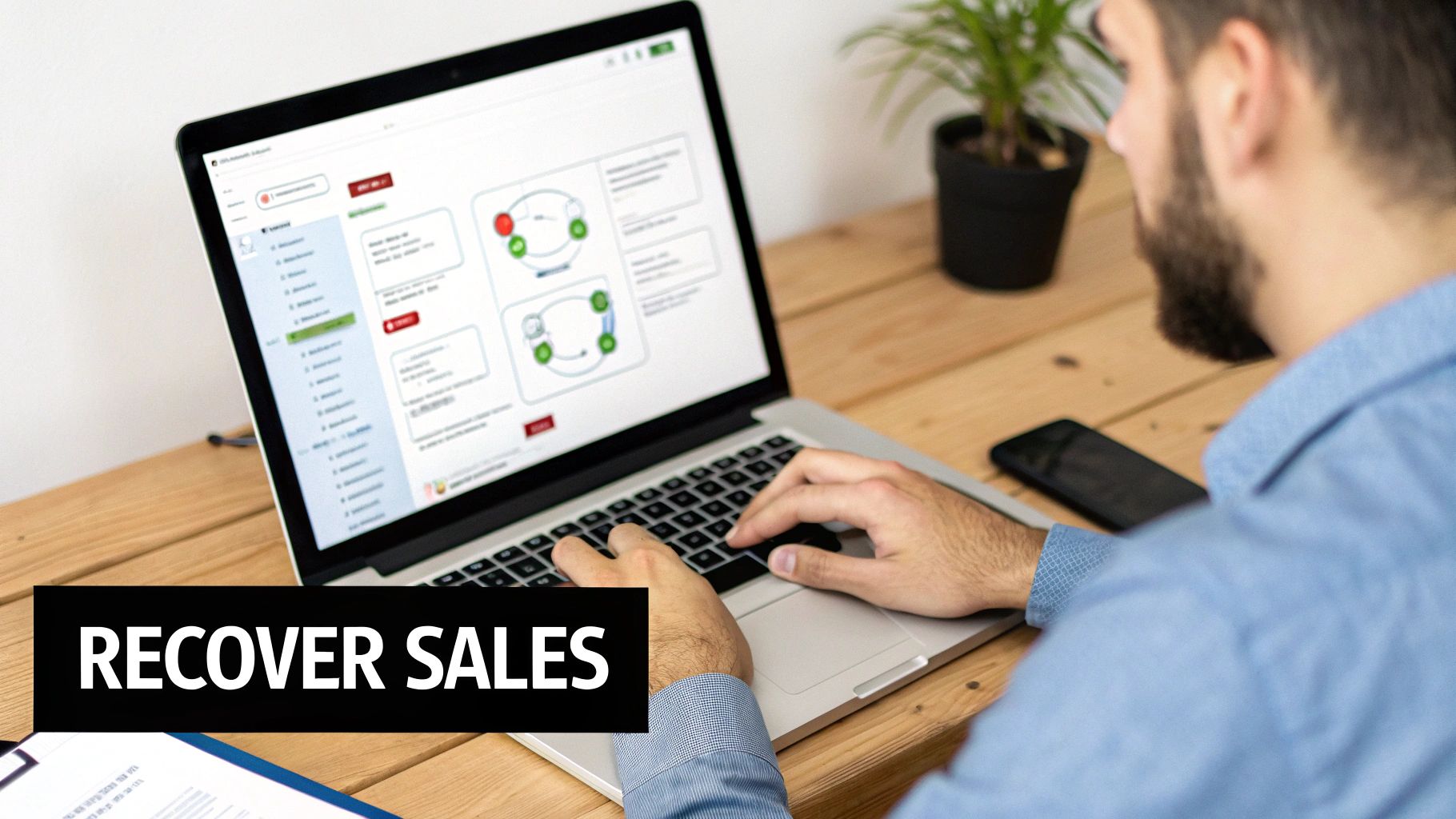 Close-up of a man using a laptop to recover sales, showing business analytics software.