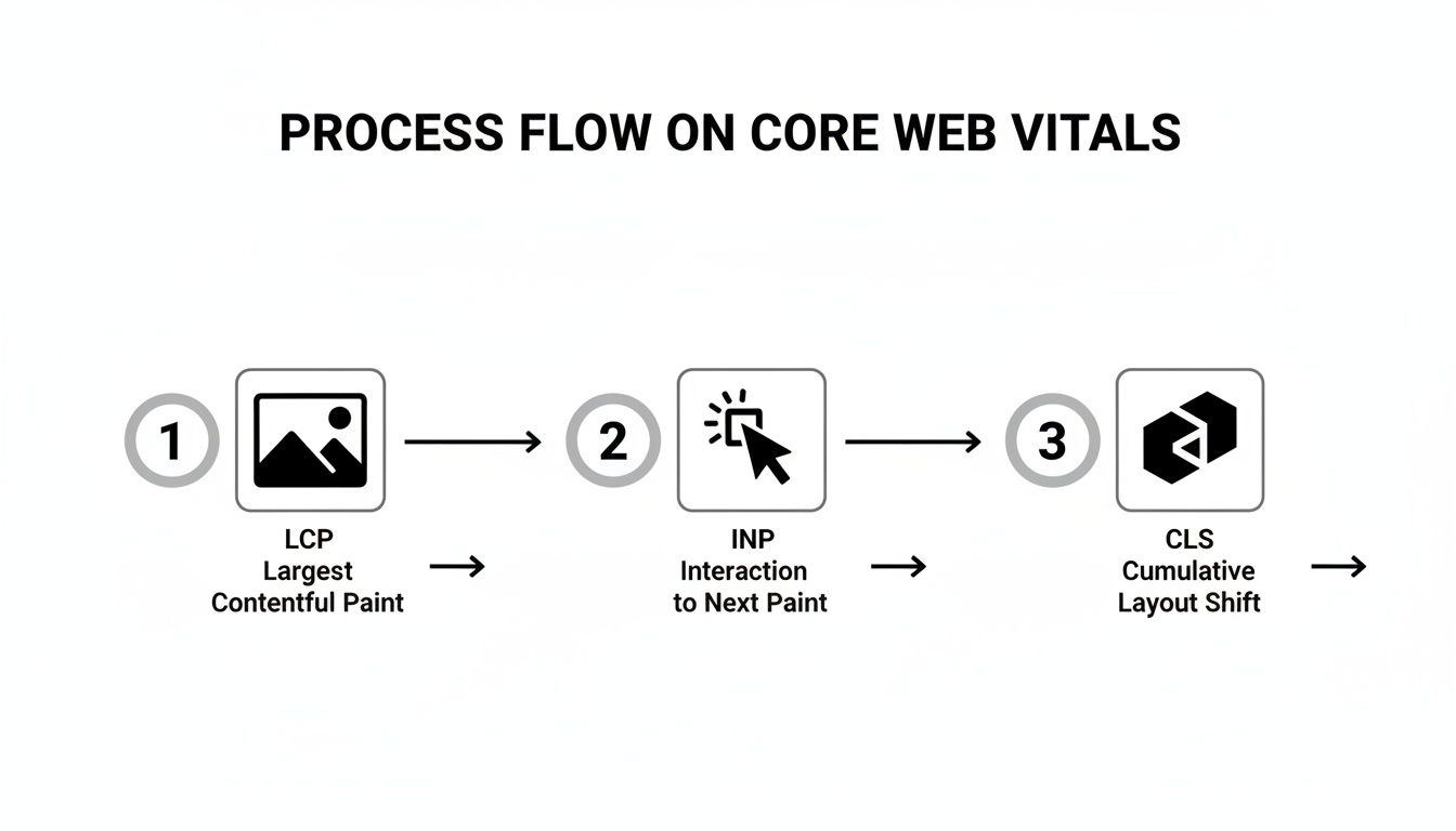 Process flow diagram illustrating the three Core Web Vitals: LCP, INP, and CLS with steps.
