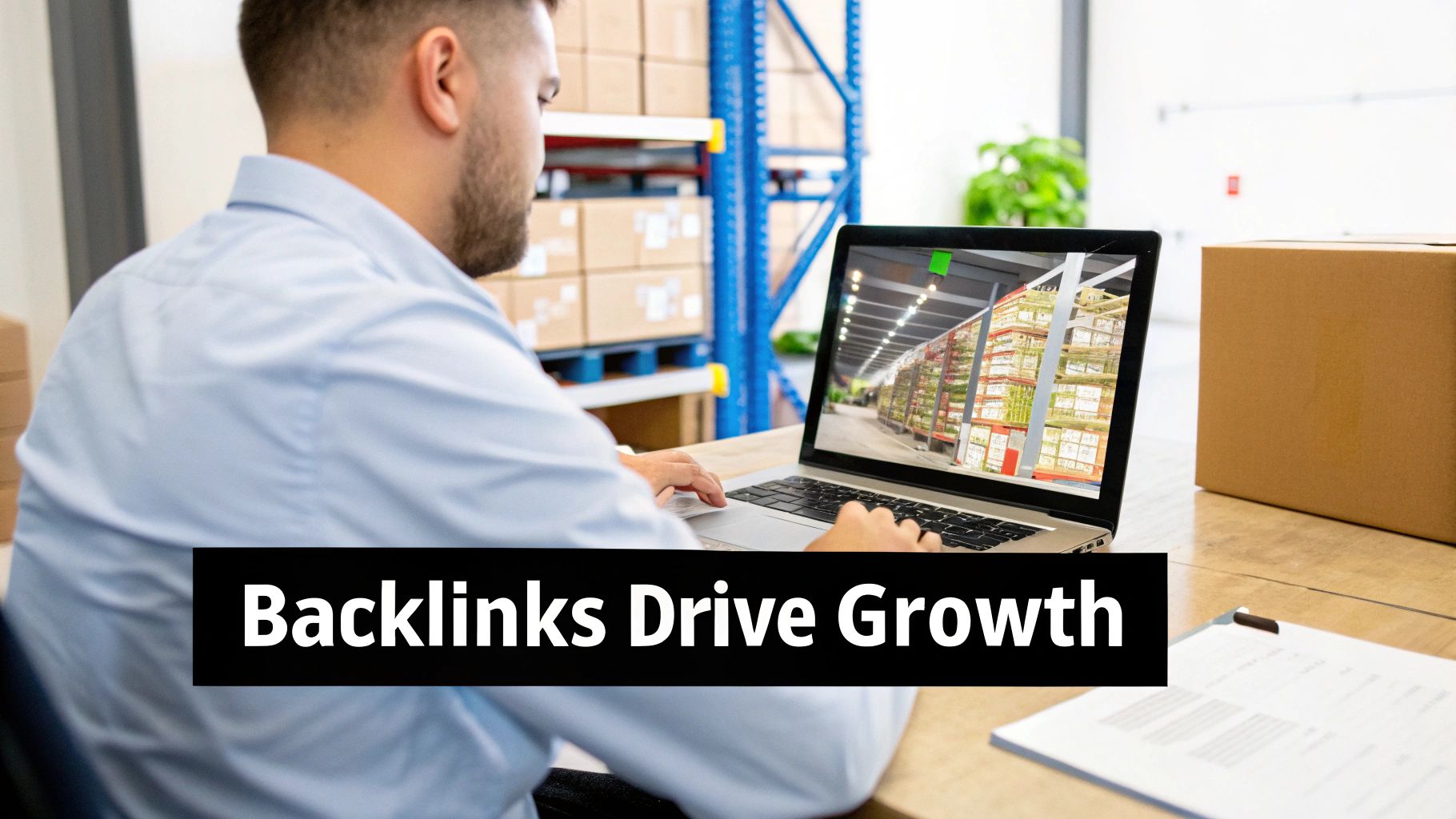 A man works on a laptop in a warehouse, managing logistics with 'Backlinks Drive Growth' text.