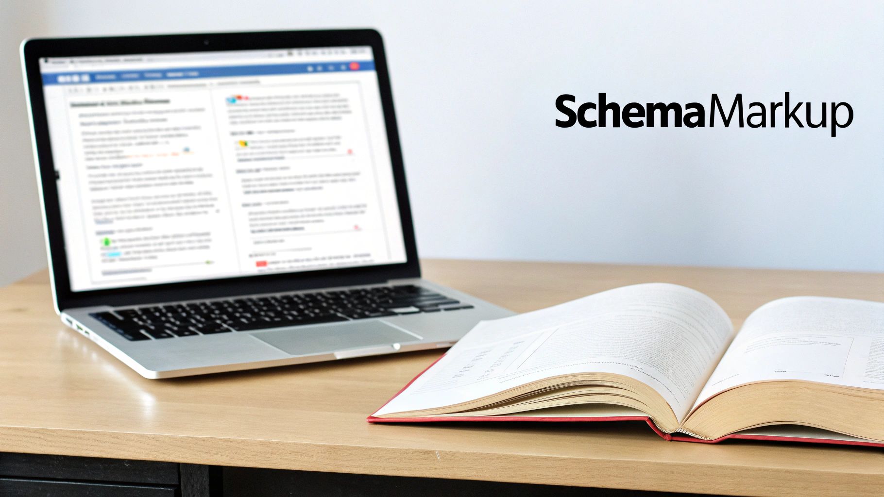 A laptop displaying content, an open book, and 'SchemaMarkup' text on a wooden desk.