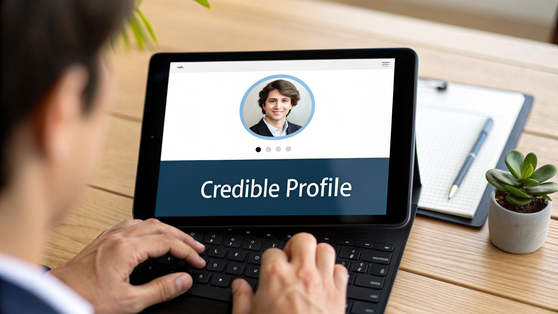 A person types on a tablet displaying a "Credible Profile" with a man's photo.