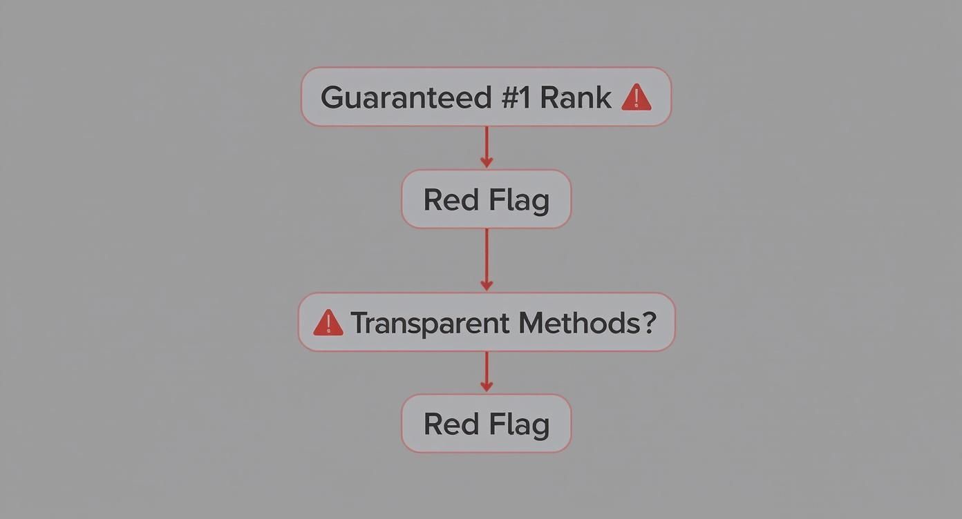 A flowchart diagram illustrating common red flags to consider when selecting an SEO agency.