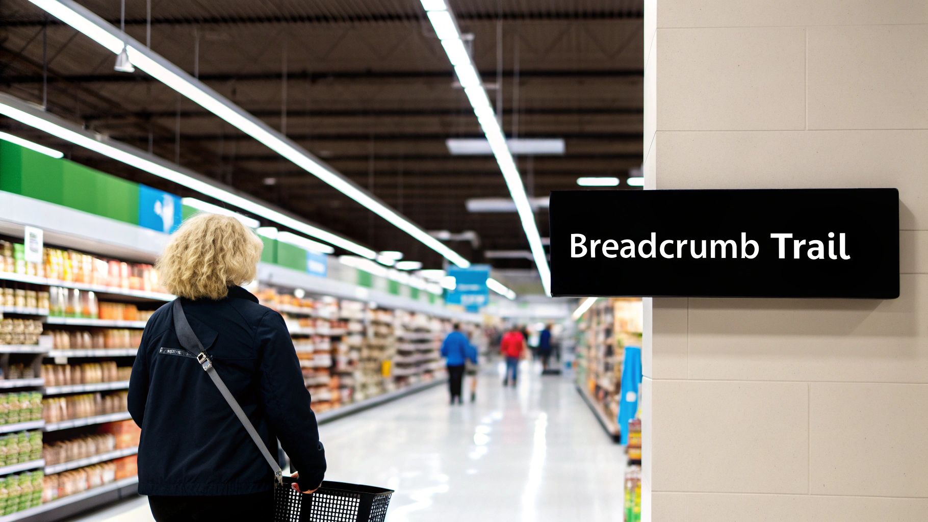 A person with a shopping basket walks down a bright supermarket aisle, past a 'Breadcrumb Trail' sign.