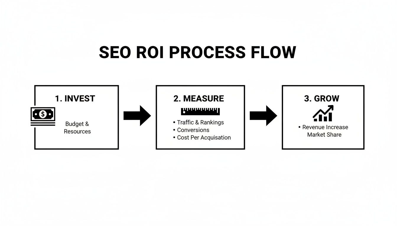 SEO ROI process flow illustrating investment, measurement, and growth stages.