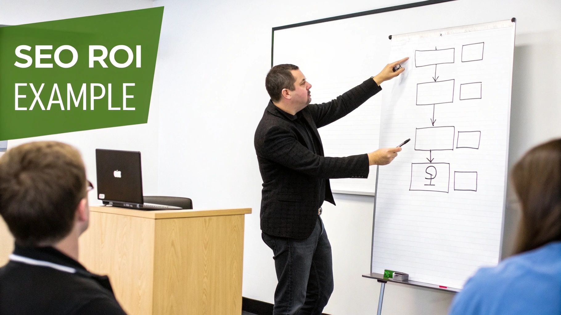 A presenter points to an SEO ROI example flowchart on a flip chart during a seminar.
