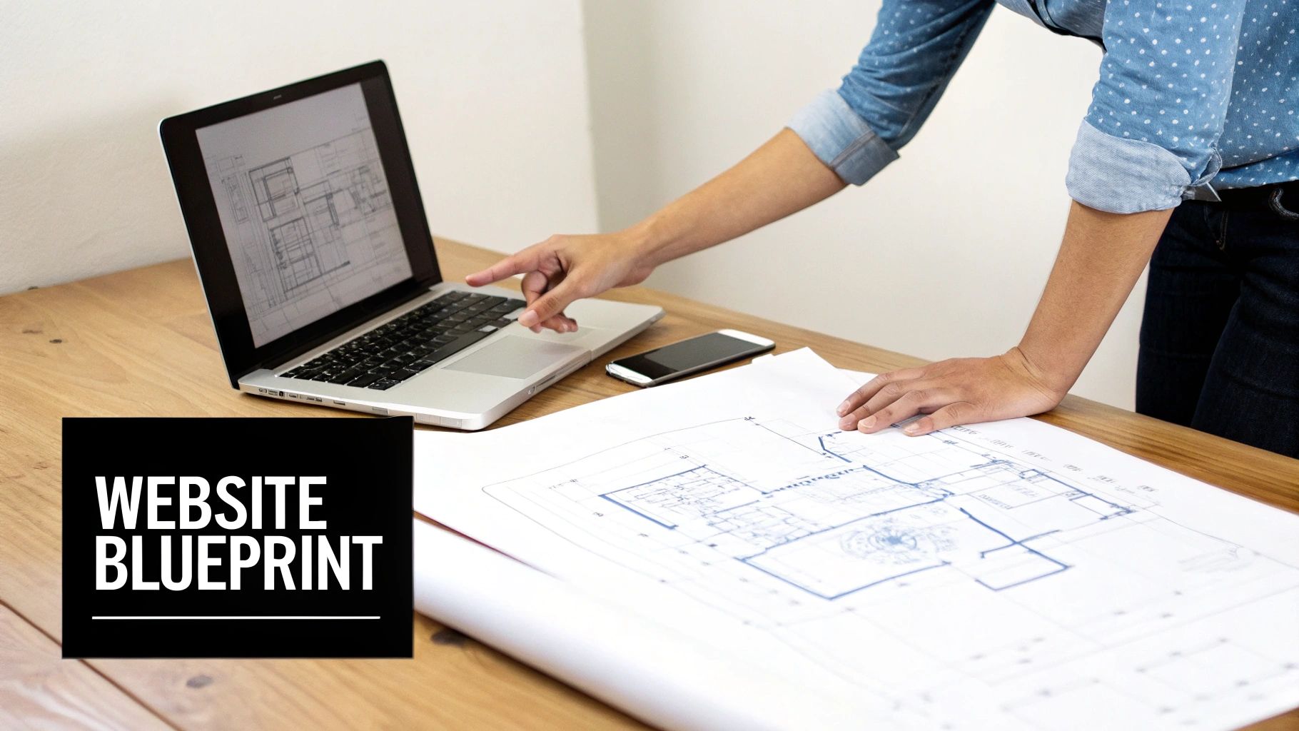 A person leans over a desk with a laptop showing a blueprint and a large paper blueprint, planning a website.
