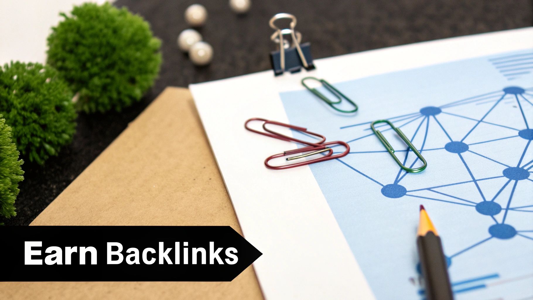 Desk with paper clips, a network diagram, and text 'Earn Backlinks' highlighting SEO strategy.
