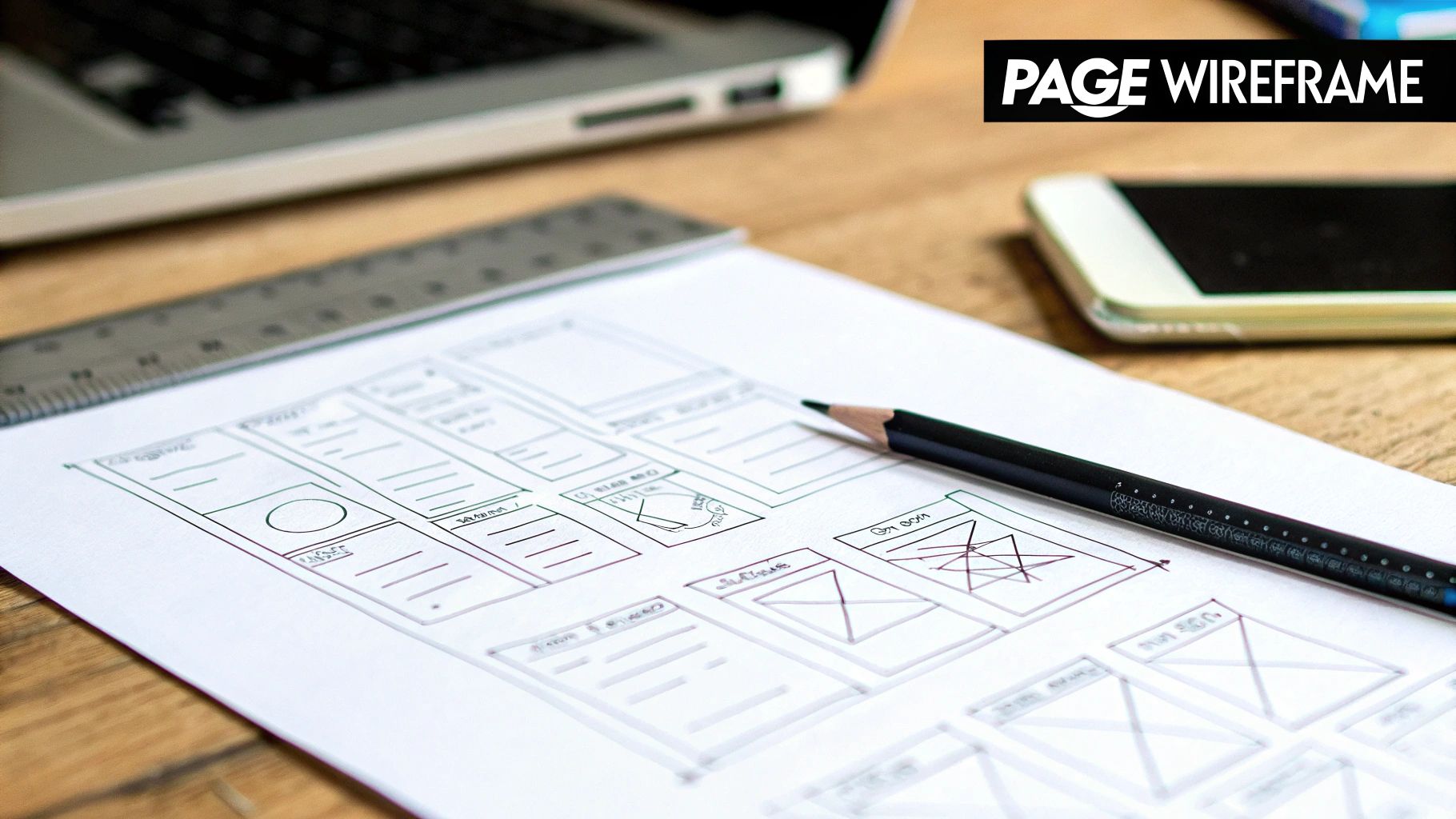 Hand-drawn website wireframes on paper with a pencil, laptop, and smartphone on a wooden desk.
