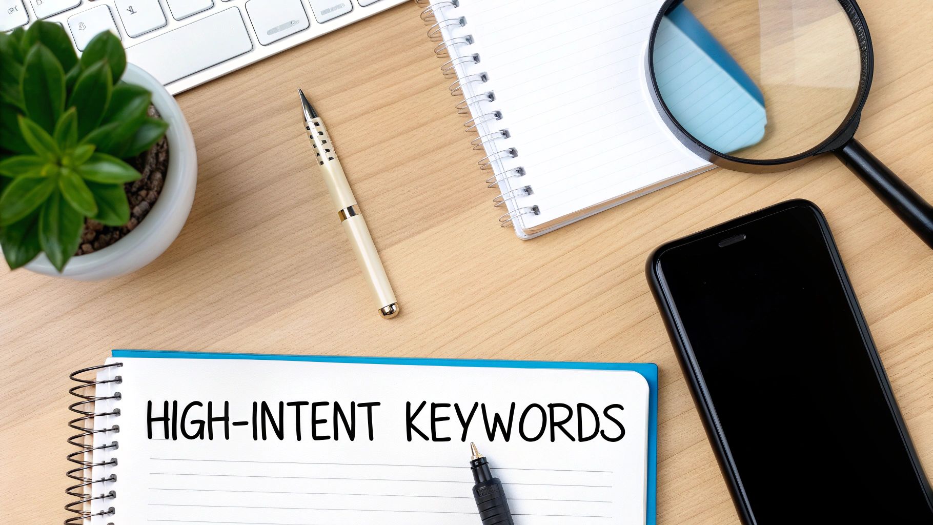 Overhead shot of a desk with a notebook showing 'HIGH-INTENT KEYWORDS', pen, phone, and magnifier.