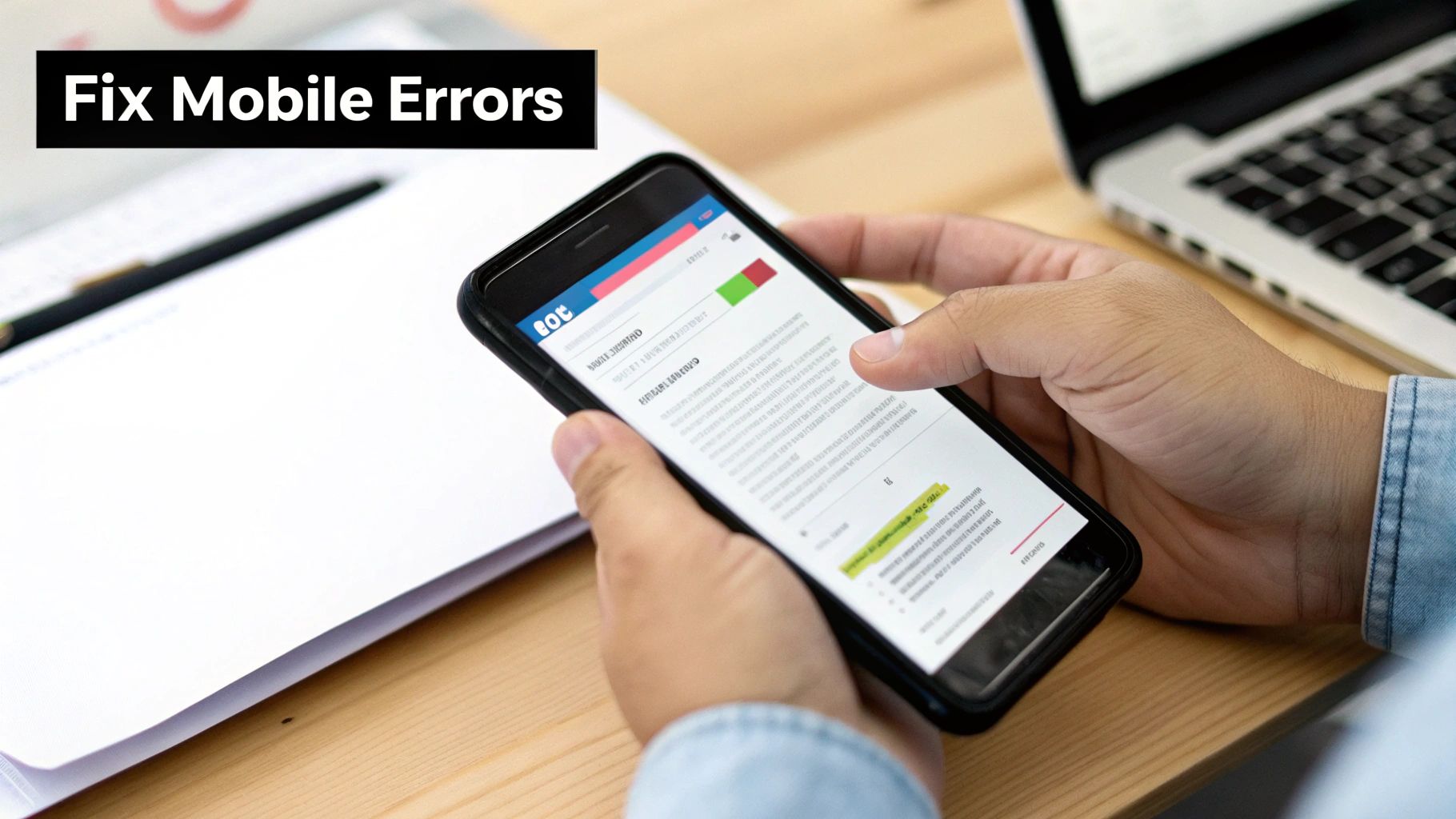 A person holds a smartphone displaying content, with a laptop and papers in the background. Text overlay says 'Fix Mobile Errors'.