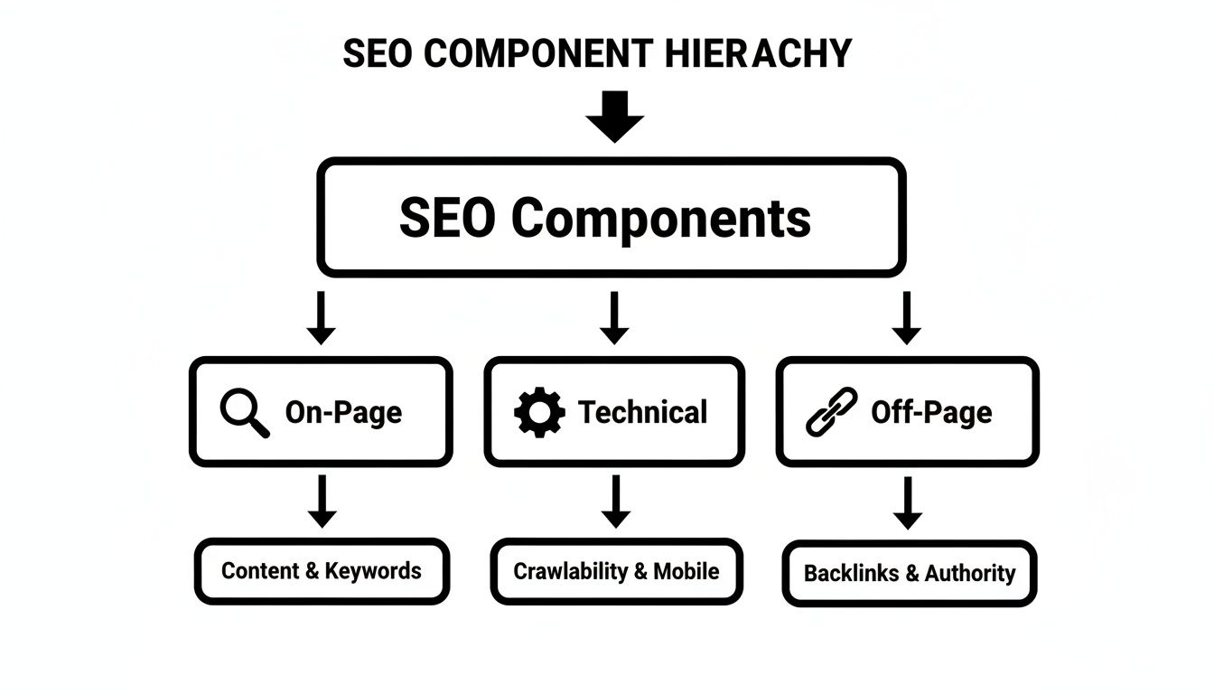 A hierarchy chart showing SEO components: On-Page (Content & Keywords), Technical (Crawlability & Mobile), and Off-Page (Backlinks & Authority).