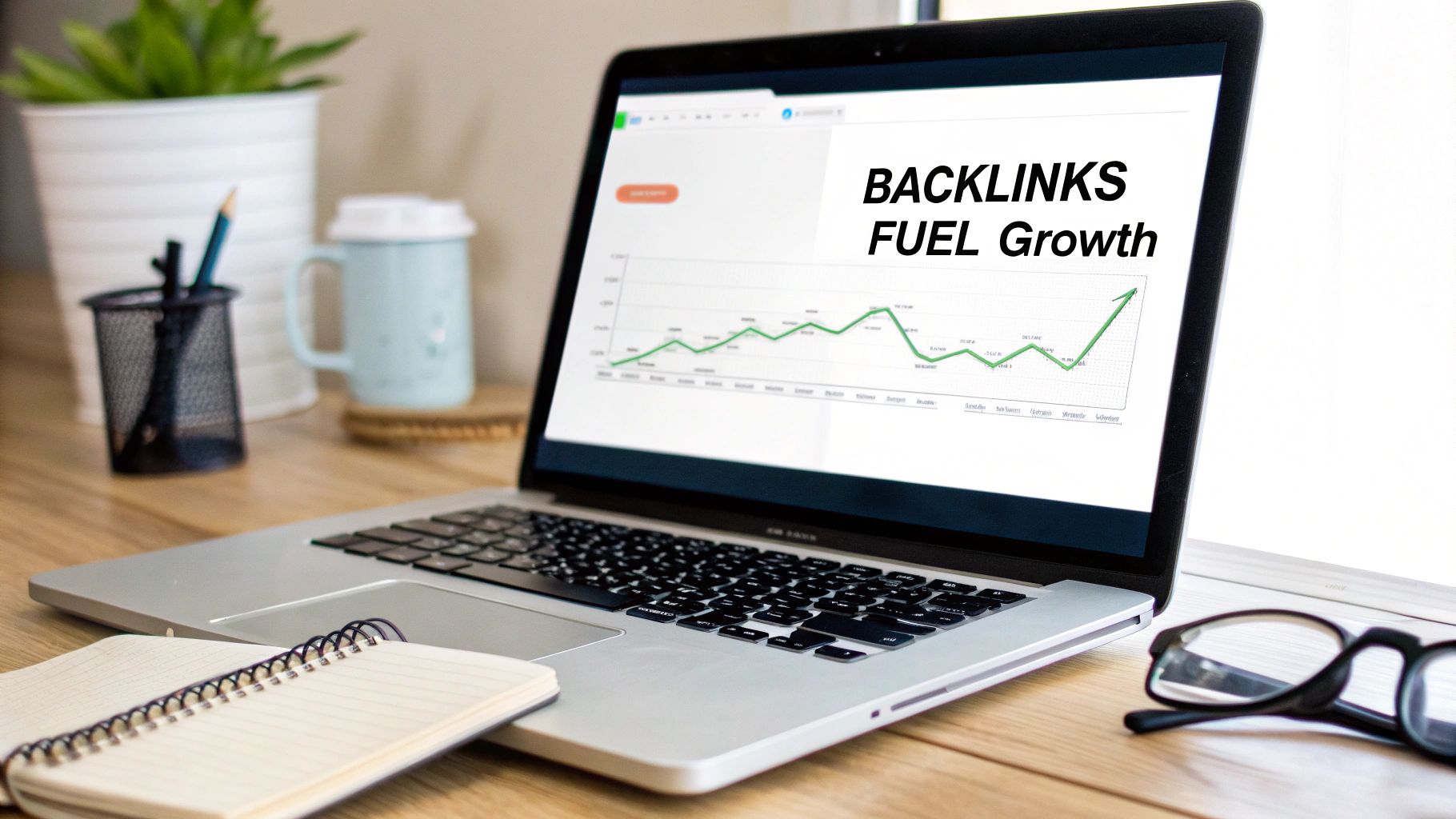 Laptop screen displaying a growth graph and the text 'BACKLINKS FUEL Growth', with a notebook and glasses on a wooden desk.