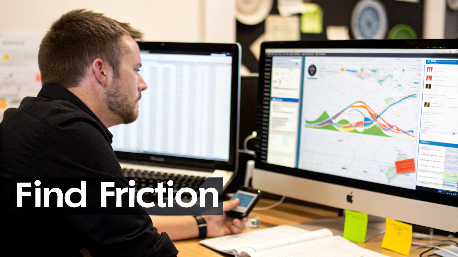 A man focuses on data analysis on two computer screens displaying graphs and spreadsheets, holding a smartphone.