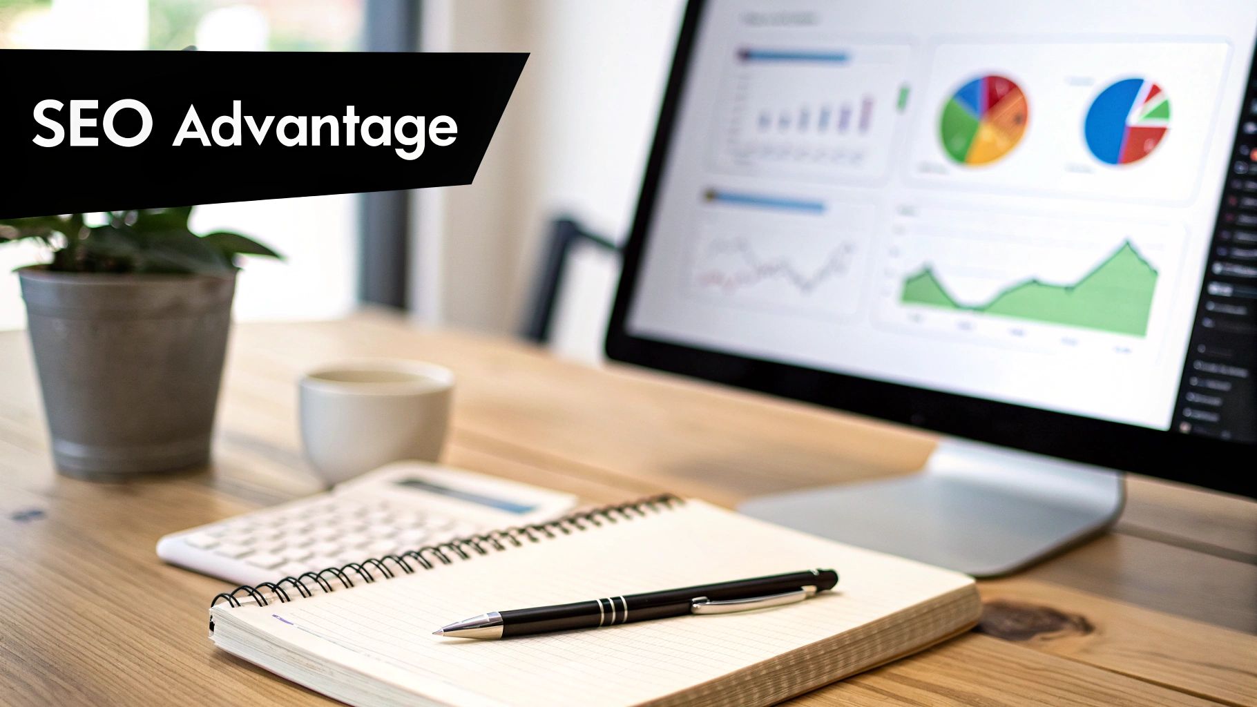 A modern workspace with a monitor displaying SEO analytics, a notebook, pen, and a banner reading 'SEO Advantage'.