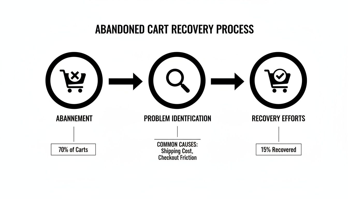 Infographic showing the abandoned cart recovery process: abandonment, problem identification, and recovery efforts.