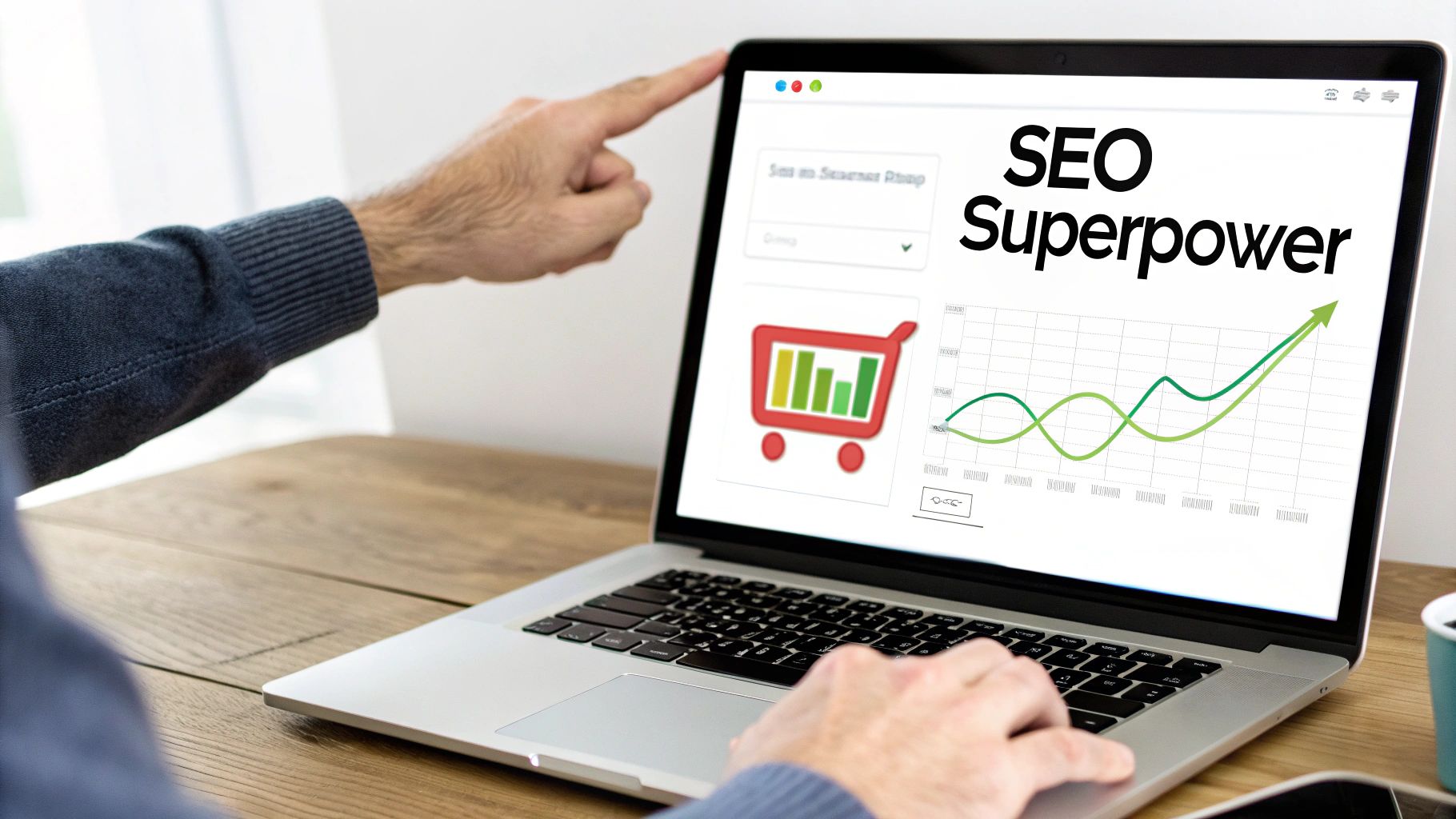 Person points at a laptop displaying 'SEO Superpower' title, an e-commerce cart, and a rising trend graph.