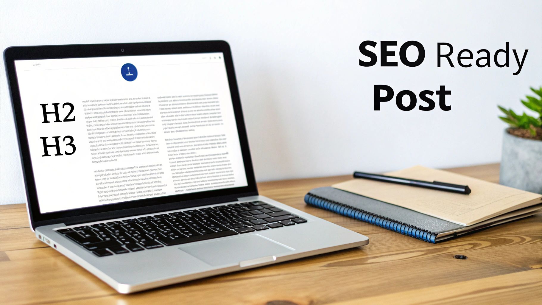 A laptop displaying an SEO-ready post with H2 and H3 headings on a wooden desk.