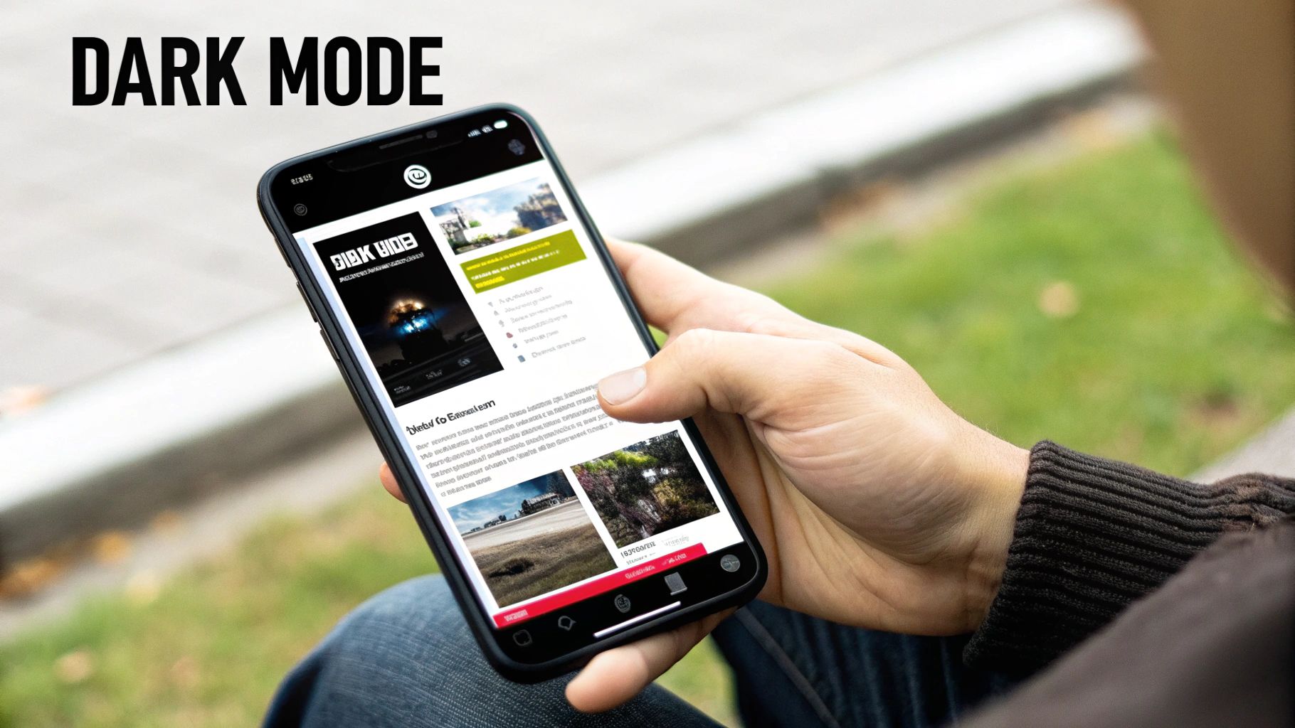 Person's hand scrolling a smartphone outdoors, displaying an app with a light interface, text 'DARK MODE' overlaid.
