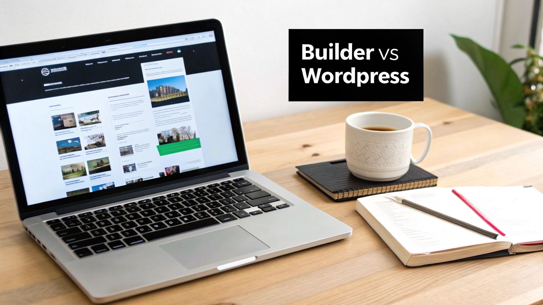 A laptop showing a website, a coffee mug, and a notebook on a wooden desk, with 'Builder vs WordPress' text overlay.