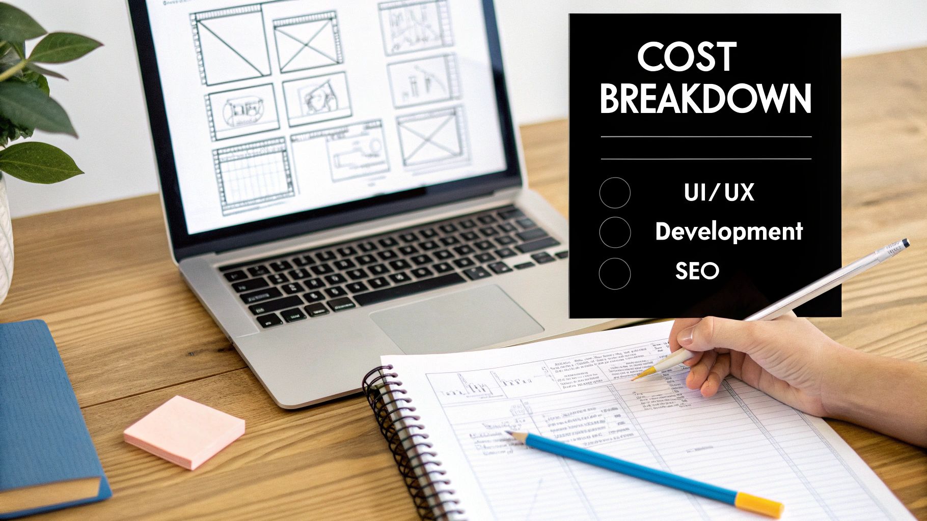 A person calculates website design costs, outlining UI/UX, development, and SEO expenses.