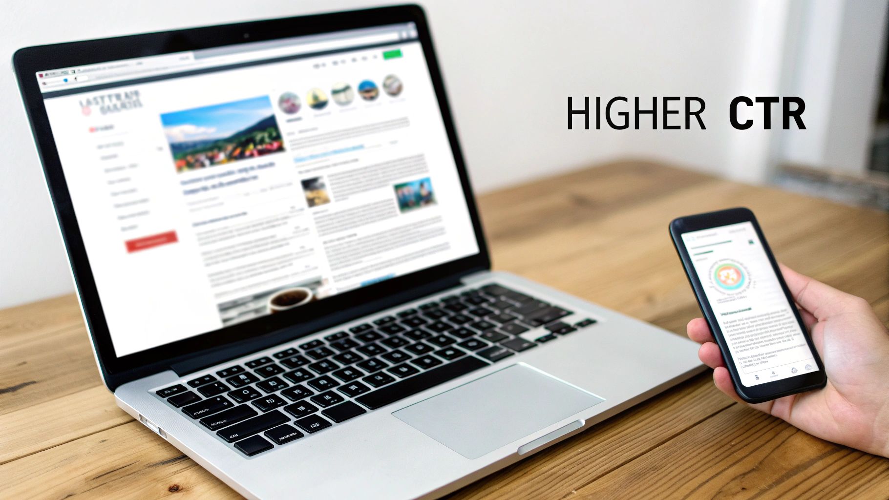 A person's hand holds a smartphone next to an open laptop on a wooden desk, with "HIGHER CTR" text.