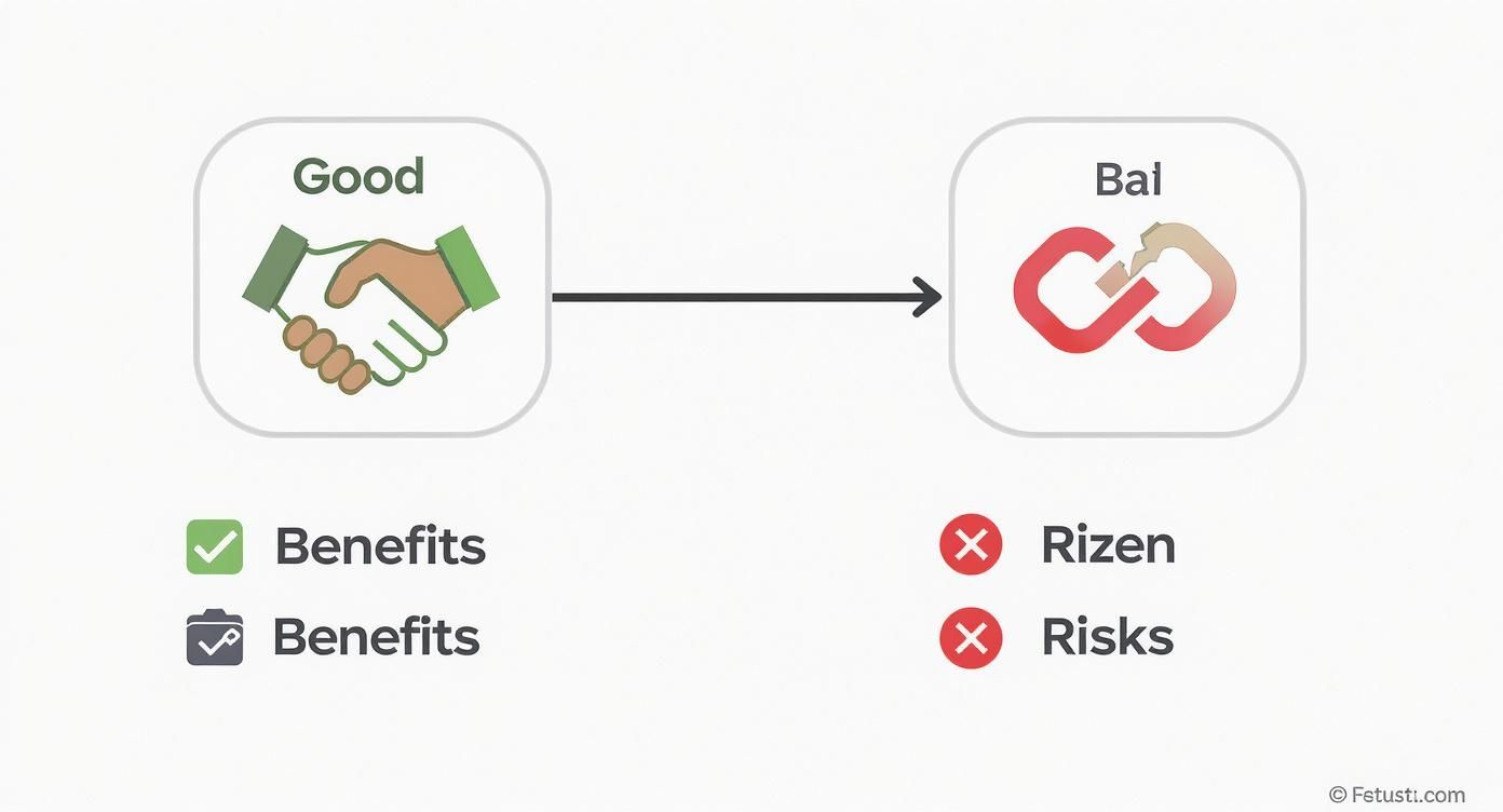 An illustration depicting how good benefits can lead to risks and broken connections.