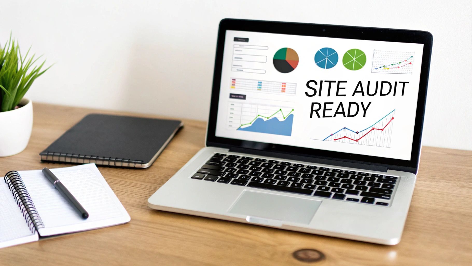 A laptop displaying 'SITE AUDIT READY' with data charts on a wooden desk next to notebooks.