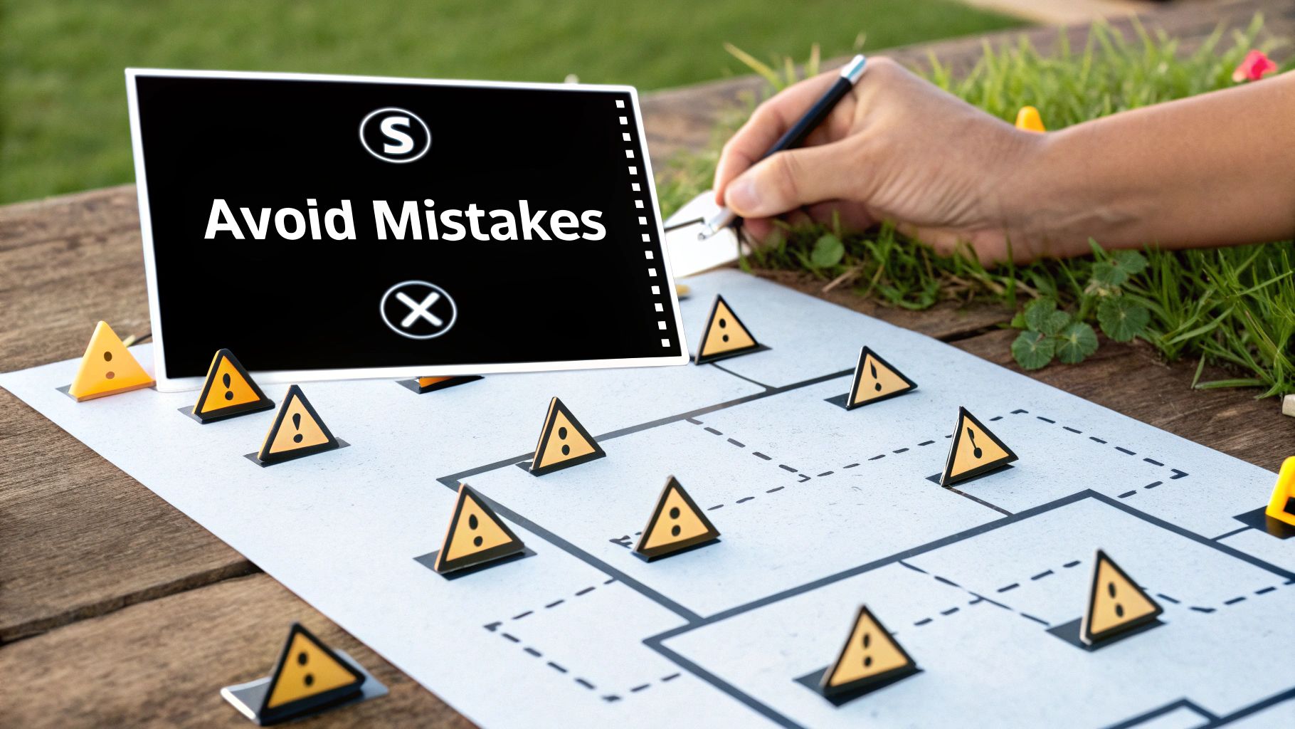 An illustrated warning sign with a broken chain link symbol, representing common mistakes with canonical tags that can break SEO authority.