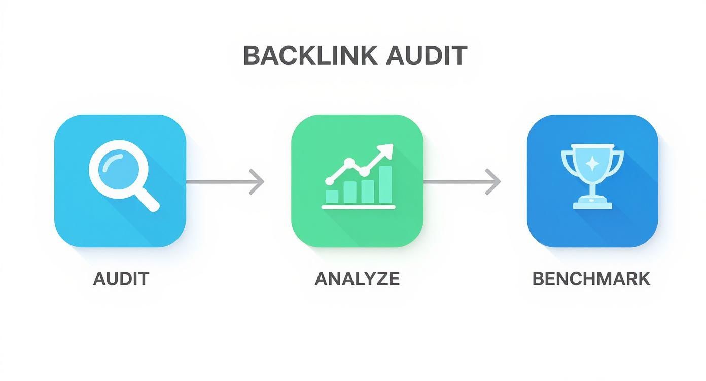 Diagram illustrating the backlink audit process: audit, analyze, and benchmark steps with corresponding icons.