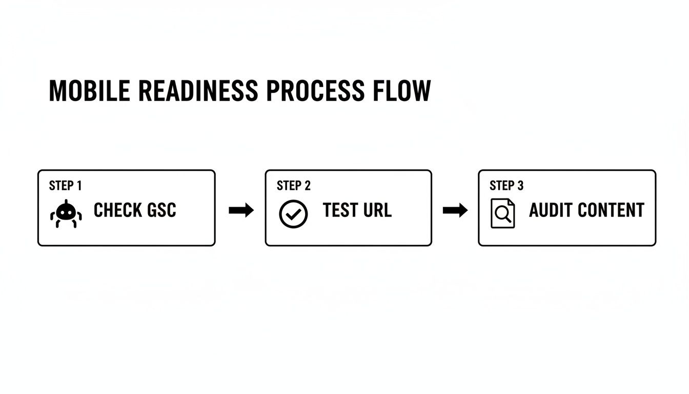 Diagram showing a three-step mobile readiness process: checking GSC, testing URLs, and auditing content.