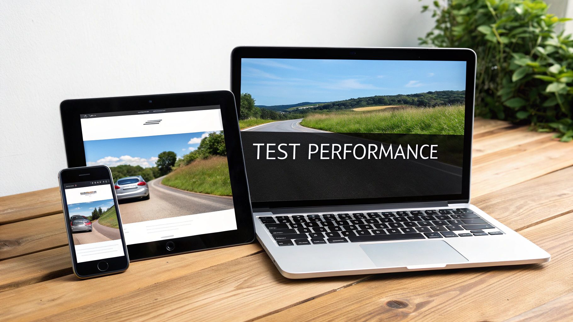 A speed gauge next to a smartphone, showing a website's performance and responsiveness test.