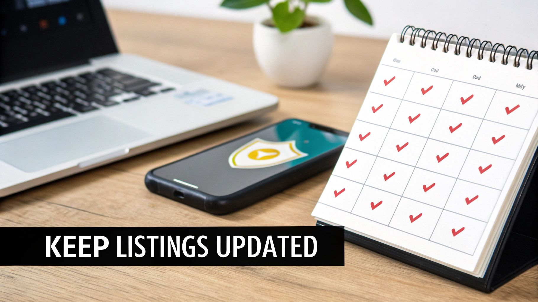 Desk setup with laptop, smartphone showing a shield icon, and calendar with red checkmarks for updated listings.