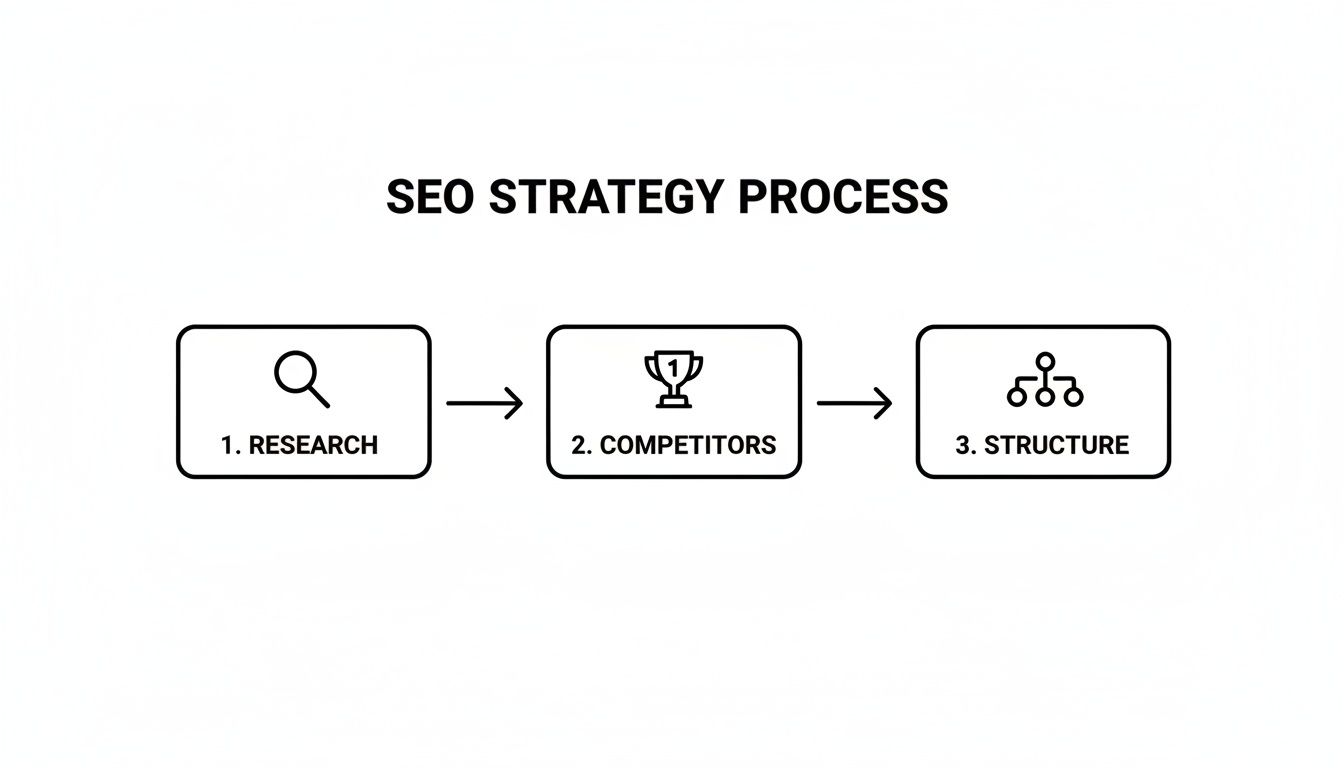 A flowchart outlining the SEO strategy process with three steps: research, competitors, and structure.