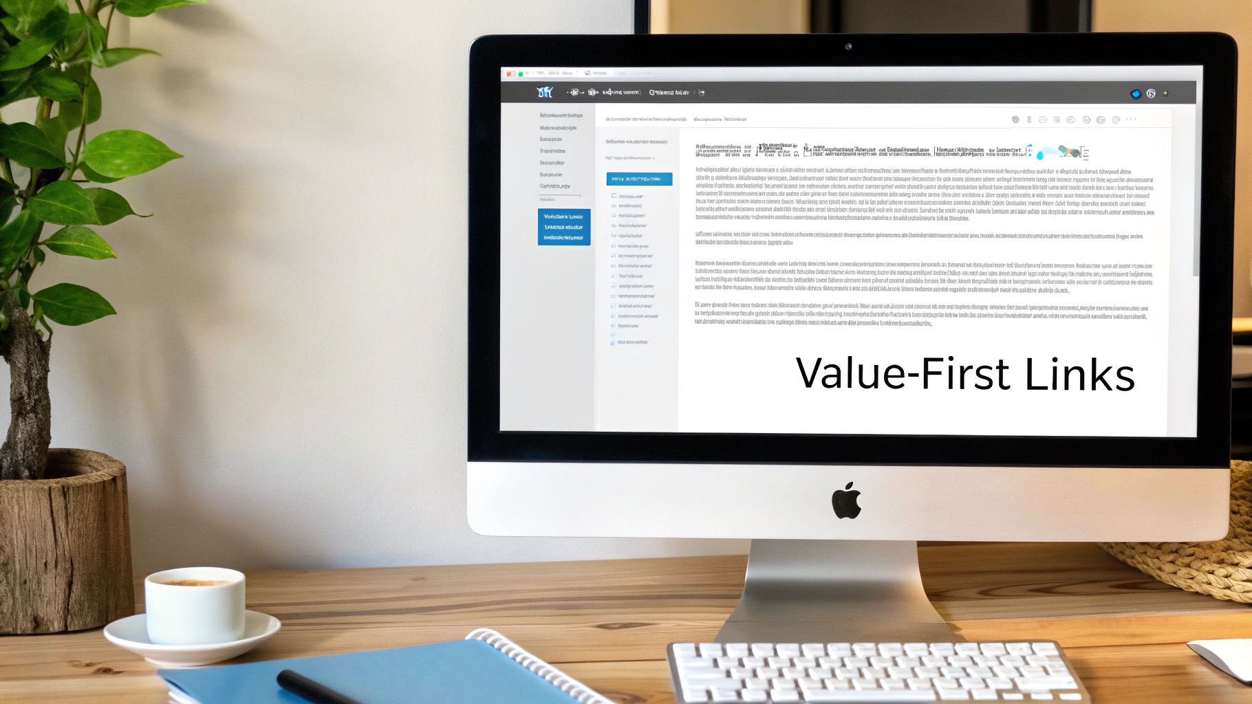 A modern workspace with an Apple computer displaying a website, a plant, coffee, and a notebook.